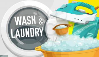 Laundry service vector design of washing machine and detergent powder, iron, plastic wash basin and soap bubbles. Household appliances and cleaning products, laundromat or self service laundry themes