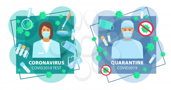 Coronavirus tests, epidemic disease treatments and medical research, vector. Doctors in protective masks, coronavirus stop sign, laboratory vaccine and disease research, pandemic antiviral quarantine