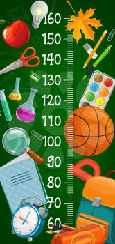 Cartoon school stationery kids height chart. Child growth measure, children height centimeters scale ruler with lab flask and red apple, leaves, backpack and basketball ball on chalkboard background