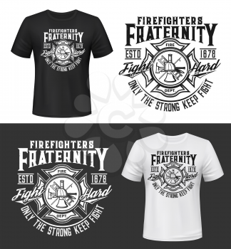 Fire department firefighter emblem t-shirt retro print template. Firefighting rescue service apparel vector print. Fireman dept maltese cross symbol with helmet and ladder, hook and vintage typography