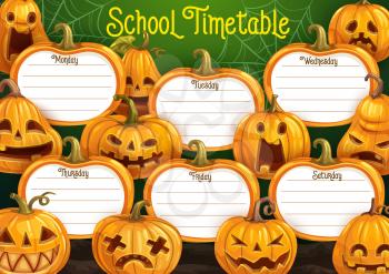 School timetable, weekly schedule vector template with cartoon Halloween jack-o-lantern pumpkins. Educational planner with spooky characters. Time table with spider web and lined places for lessons