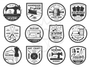 Sewing and tailor vector icons with threads, needles, buttons and sewing machines. Sew crafts and needlework tool isolated pins and spool, fabric and hanger, measure tape, mannequin, scissors