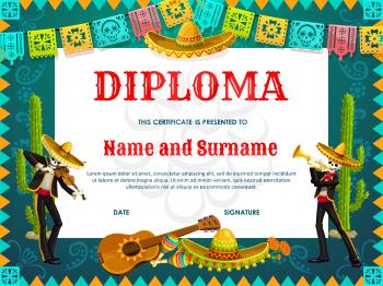 School diploma vector Dia de los Muertos skeletons in sombrero play violin and trumpet. Education certificate with Mexican Day of Dead characters fiesta party celebration, marigold flowers and cacti