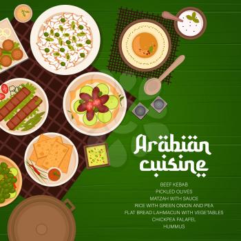 Arabian food restaurant meals menu cover. Sour cream, flatbread lahmacun and rice with green onion, beef kebab, chickpea falafel and pickled olives, matzah, hummus vector. Arabian cuisine dish banner