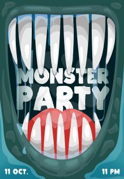 Halloween party vector poster with scary monster mouth and vampire teeth frame. Halloween horror night holiday trick or treat Dracula or alien monster with sharp fangs, cartoon invitation flyer design