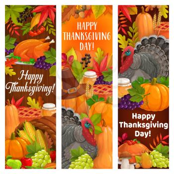 Thanksgiving holiday turkey, harvest, cornucopia and food. Vector banners with autumnal crop and leaves. Happy Thanks Giving day cartoon greeting cards with autumn pumpkin, corn, grapes and mushrooms