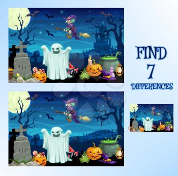 Find difference, Halloween cartoon game or spot puzzle, vector. Kids school or preschool find difference game background with Halloween pumpkin monsters, witch on broom and ghosts on cemetery in night