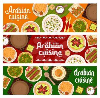 Arabian cuisine restaurant meals banners. Beef kebab, chickpea falafel and hummus, rice with green onion and pea, matzah with sauce and pickled olives, flatbread lahmacun with vegetables vector
