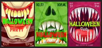 Halloween party vector flyers with monster mouths. Happy Halloween horror night event invitation posters with open toothy jaws with sharp teeth, dripping saliva, blood and tongues, cartoon cards set