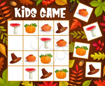 Kids sudoku game with thanksgiving and autumn objects. Vector riddle with cartoon mushroom, hat, pumpkin and pie on chequered field of board game. Educational task, children crossword teaser boardgame