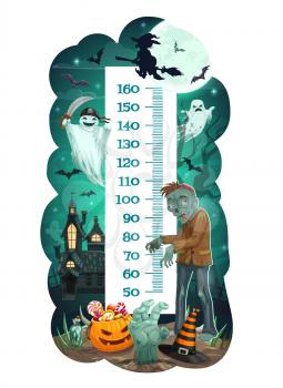 Kids height chart with Halloween monsters and ghosts vector background. Children growth meter, ruler or stadiometer wall sticker with centimeter scale, cartoon Halloween pumpkin, witch and zombie