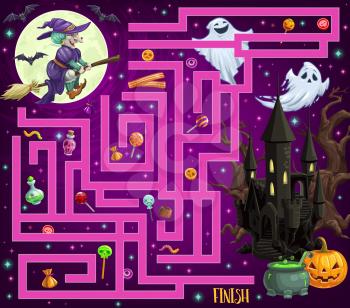 Child find path halloween maze with monsters and candy. Children vector labyrinth game, kids search way activity with cartoon halloween jack o lantern, scary castle and lollypop, witch flying on broom
