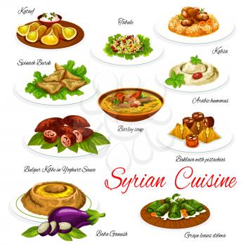 Syrian cuisine vegetable and meat dishes with desserts, vector food. Hummus, barley soup and bulgur salad, chicken rice, baklava, nut dumpling and dolma, eggplant dip, spinach and lamb deep fried pies