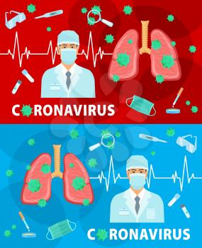 Coronavirus disease and infection epidemic, COVID 19 virus treatment and antiviral prevention, vector posters. Coronavirus tests and treatments, vaccine research and protective medicine