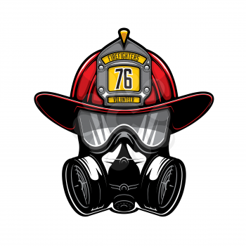 Firefighter protective helmet and gas respirator isolated vector heraldic icon. Firefighting equipment, mask with glasses and air filters. Defense and protection against poisoning by fumes and smoke