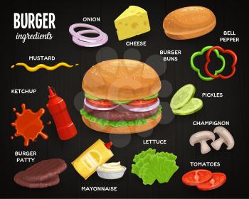 Burger ingredients, fast food sandwich menu, vector icons. Fastfood cheeseburger and hamburger ingredients, meat patty, cheese and buns, mushrooms, pepper and lettuce with ketchup and mayonnaise