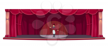Stage with red curtains, actor show man in spotlight, vector background. Theater, opera and play stage scene with drapery curtains and projector light, premiere, cabaret show or presentation ceremony
