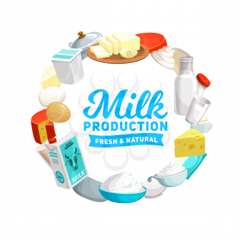 Milk and egg products vector icon of dairy farm food and drinks. Cheese, yogurt, butter and cream in bottle, glass and carton pack with cow, bowl of cottage cheese, sour cream, yoghurt box and curd