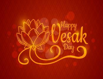 Happy Vesak Day holiday. Glow vector lotus flower ornament on red background with flare effect. Buddhism religion traditional holiday. Vesak Day Buddha enlightenment celebration