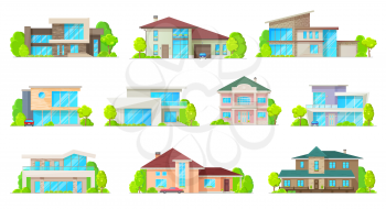 Private houses and hones, reals estate facades vector flat icons. Residential villas and mansion buildings, family houses, cottages, townhouse property, luxury duplex apartments with garage and garden