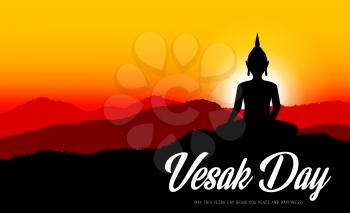 Vesak day or Buddha day, traditional Buddhism religion holiday, vector. Vesak day Buddha statue silhouette in lotus at sunrise hills, Buddhism and Hinduism religion celebration