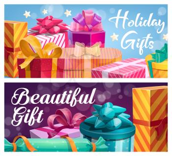 Gifts vector banners and posters for holiday, wedding or birthday. Gifts and golden ribbons background with light bokeh and gold stars, presents in wrapper, shopping and sale season