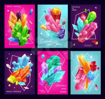 Magic crystal and gem vector banners of gemstones, jewelry stones and mineral rocks. Diamonds, quartz and jewels, amethyst, blue glass and salt crystals with thin line polygons and geometric shapes