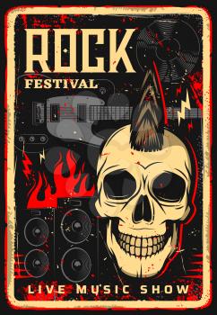 Rock music festival vector poster of live concert show. Hard rock fest electric guitar, skull with mohawk, vinyl record and loudspeakers retro design, decorated with fire flames and lightnings