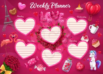 Weekly planner with heart frames, girl daily schedule organizer, vector school plan. Weekly planner template with romantic Paris Eiffel tower, cartoon unicorn, Valentine jewel hearts and flowers