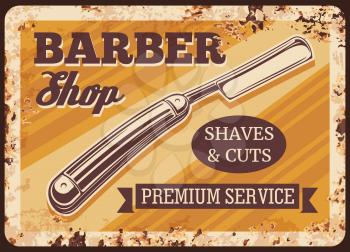 Straight razor blade metal rusty plate. Barber shop vector vintage poster with grunge background. Gentleman and hipster barbershop service salon, equipment shaving razor blade