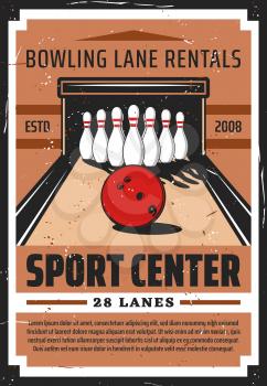 Bowling alley with skittles and ball sport retro poster. Leisure game recreation club, vector vintage card, bowling center lane rentals service, professional sports team tournament
