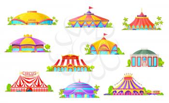 Big top tent circus isolated icons, cartoon building and carnival striped marquees with flags. Chapiteau circus, amusement fair park and funfair entrance, entertainment industry