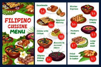 Filipino cuisine restaurant vector menu with meat dishes, vegetables and pastry desserts. Ensaimada, eggplant thalong, adobo with chicken, mussels in coconut sauce, filipino kidney beans, pochero soup