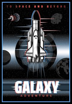Spaceship outer space and galaxy exploration retro poster with glitch effect. Space explorer adventure vector vintage card with spaceship shuttle on orbit, mars planet, moon and satellite in universe