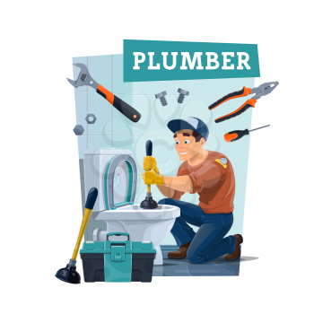 Plumber cleaning toilet with plunger, wrench and work tools, home sewage pipeline maintenance. Plumber man, emergency plumbing repair service, cartoon vector handyman worker with toolbox