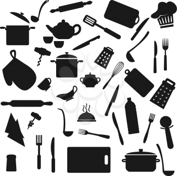 Kitchen utensil, kitchenware black silhouettes, household cooking appliances. Vector home cook utensils and cookware saucepan, ladle, cup, fork and knife, whisk, spoon and cutting board, turner