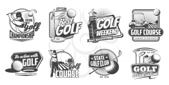 Golf sport and players isolated vector icons set. Golf club association, courses and championship monochrome badges, symbols with equipment and game items, golfer on field with ball and cart labels