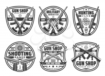 Shop gun heraldic icons set, rifles and handguns hunting ammo, vector store and hunt club equipment. Military ammunition, shotguns, revolvers, aims and targets, bullets. Self protection and defence