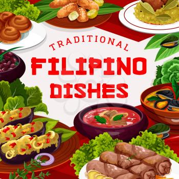 Filipino asian cuisine dishes, food vector poster. Pochero soup, mussels in coconut sauce, fried bananas in batter, adobo with chicken. Filipino lumpia, lump with meat, vegetable, dessert dishes