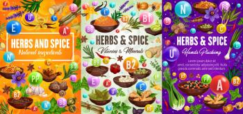 Vitamins in herbs, spices and seasonings natural ingredients. Vegetables and condiments, thyme and basil, ginger and cumin, vanilla, anise star and rosemary, pepper and cinnamon, garlic vector banners