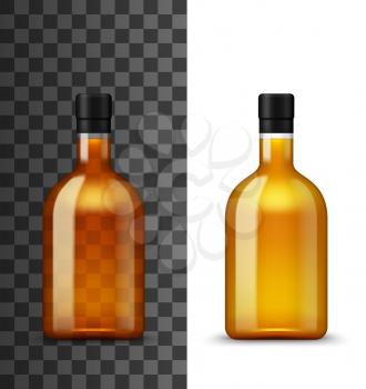 Alcohol drink glass bottle realistic 3d vector mockup. Closed blank bottle with brown liquid of craft beer or brandy, gin, tequila or cognac, rum and scotch, bourbon whiskey beverage