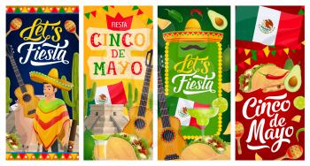 Cinco de Mayo fiesta party vector banners of Mexican holiday. Mexico sombrero hat, maracas and cactuses, chili peppers, Mexican flags, mariachi guitar, mustaches and cigar, margarita, tequila, tacos
