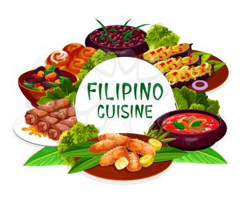 Filipino cuisine, asian food restaurant dishes round frame lump with meat, eggplant thalong, bicolar express. Filipino kidney beans, lumpia, mussels in coconut sauce, ensaimada isolated vector label