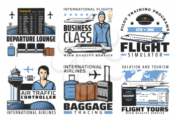 Airport and aviation flight service vector icons. International airlines baggage tracing, flight simulator and departure lounges. Airplane travel, pilot training program, tour, terminal and ticket