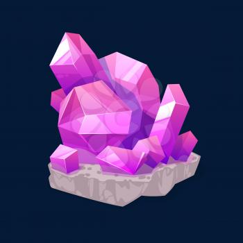 Pink crystal rock gem, isolated purple mineral crystalline stone or gemstone sapphire or quartz. Jewelry precious organic ruby mineralogy symbol. Semiprecious rhinestone cartoon vector object