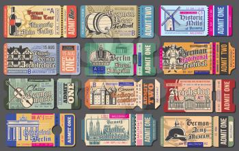 Travel tickets for Germany cultural events, vector templates set. National museum and vineyards, beer festival, historic mills, travel landmarks, brewery and music. Vintage tickets with sightseeing