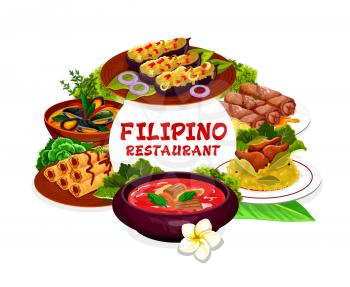 Filipino cuisine restaurant dishes vector round frame. Lump with meat, eggplant thalong, bicolar express, lumpia, mussels in coconut sauce, pochero soup or adobo with chicken. National cuisine