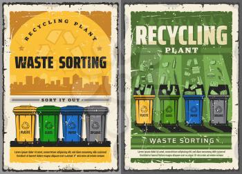 Wastes sorting and garbage recycling retro posters. Vector waste bins for litter segregation. Glass, paper, plastic and organic rubbish bio refuse recycle disposal containers, ecology conservation