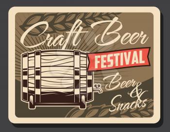 Oktoberfest craft beer retro poster, festival party vintage card with wooden barrel and wheat ears. Vector draught beer brewery and snacks traditional fest celebration, beerhouse tavern or pub design