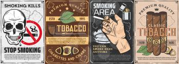 Tobacco and smoking items retro posters. Vector cigars, pipe with premium quality label and cutter, tobacco production factory or gentleman club. Stop smoking sign, skull and human hand with cigarette
